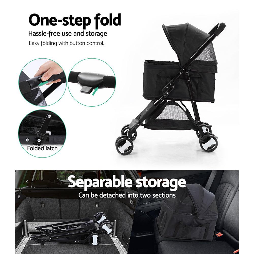 i.Pet Pet Stroller Dog Pram Cat Carrier Travel Large Pushchair Foldable 4 Wheels Black - Pet Parlour Australia